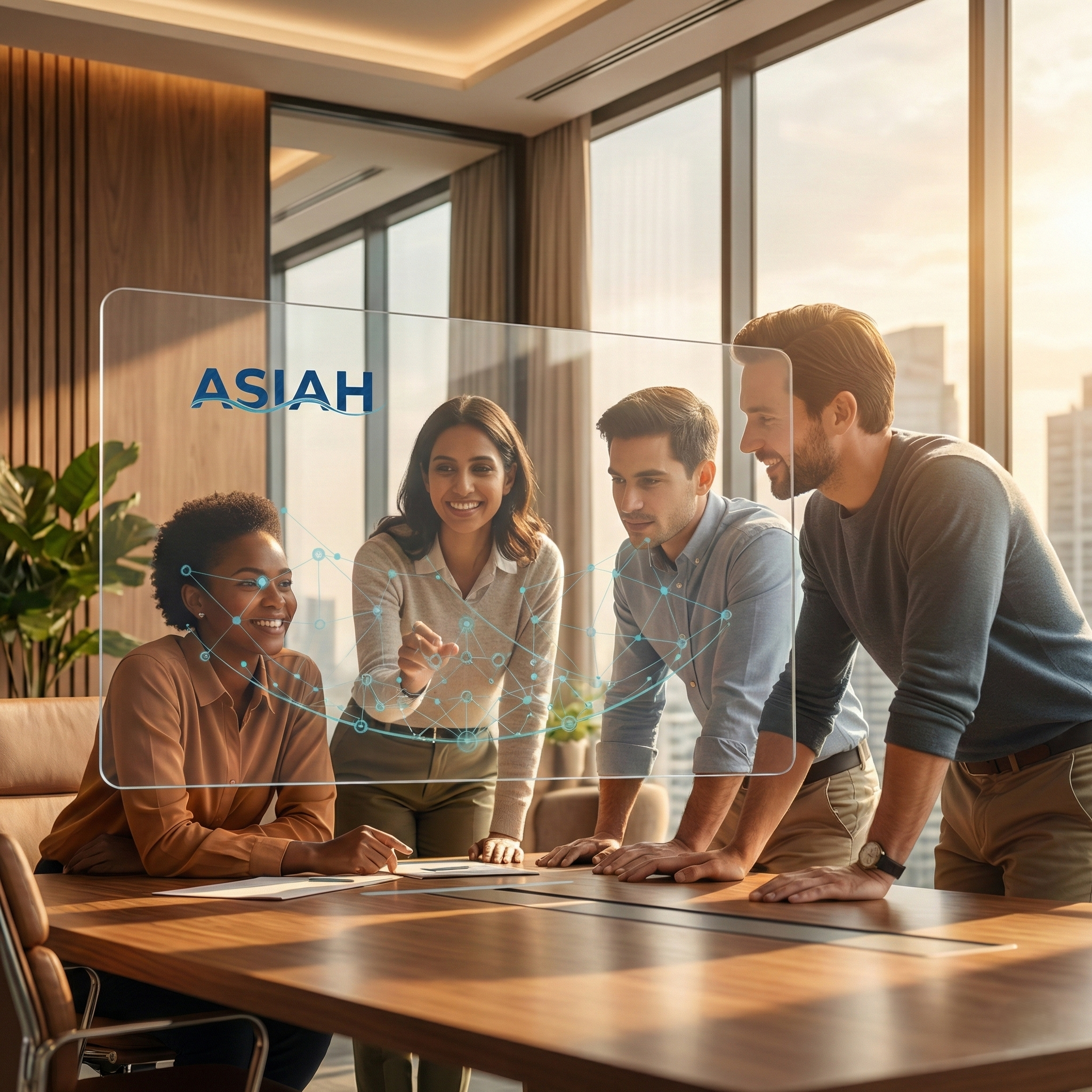 Equipo profesional de ASIAH trabajando en conjunto en una oficina moderna